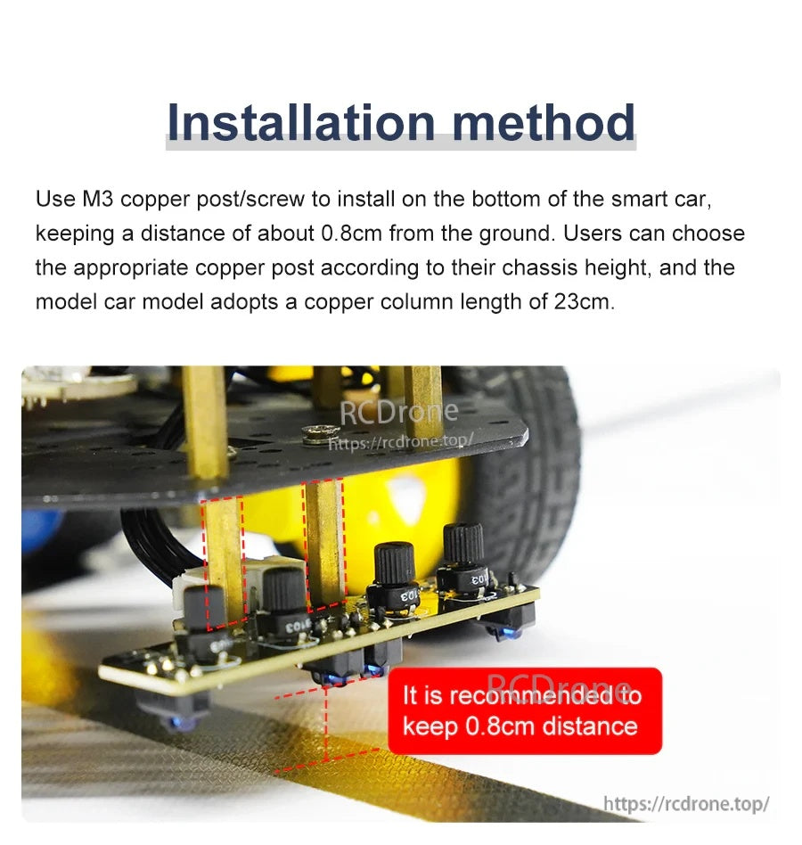 Installation method graphic recommending 0.8 cm height from ground using M3 copper posts/screws on robot car chassis
