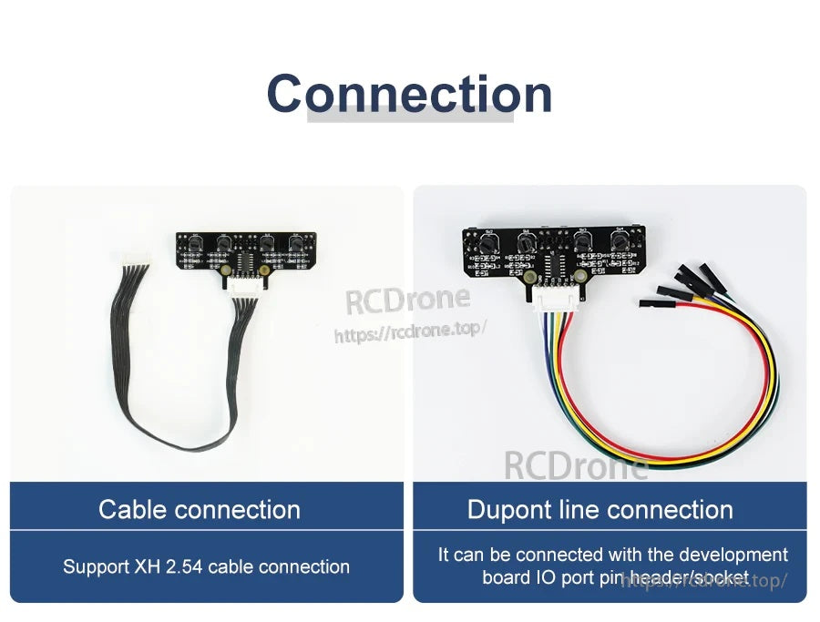 Connection options for the Yahboom line tracking module: XH2.54 cable connection or DuPont jumper wire connection