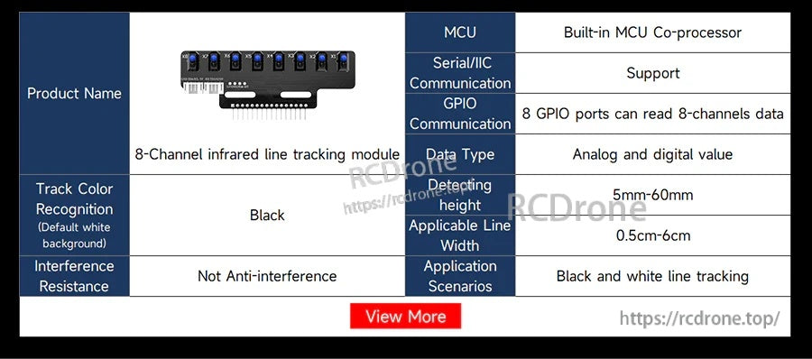 8-channel infrared line tracking sensor module in black with spec table for black-and-white line following