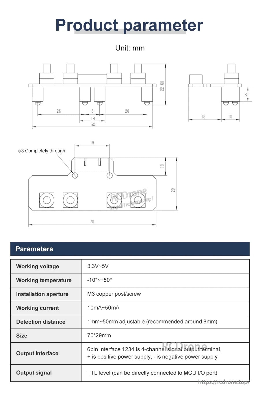 Product parameter diagram with dimensions and specs table for Yahboom YB-MVX01 V1.2 4-channel tracking sensor module