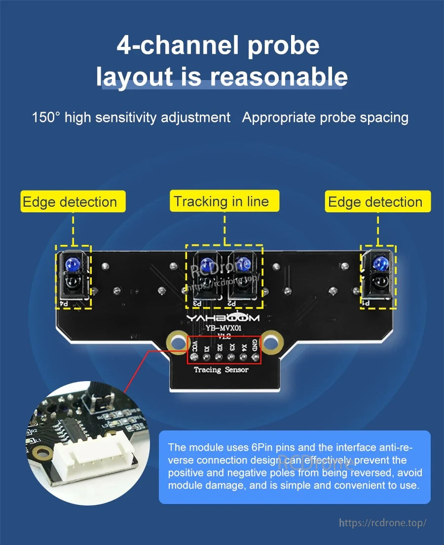 Probe layout graphic labeling inner tracking probes and outer edge-detection probes, plus XH2.54 6-pin connector detail