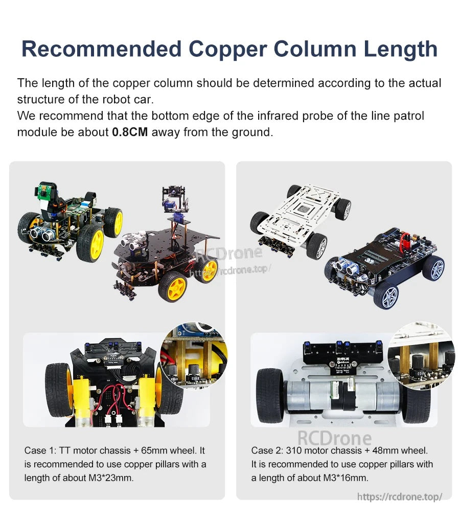 Recommended copper column length guide with example robot chassis and suggested standoff lengths for sensor mounting