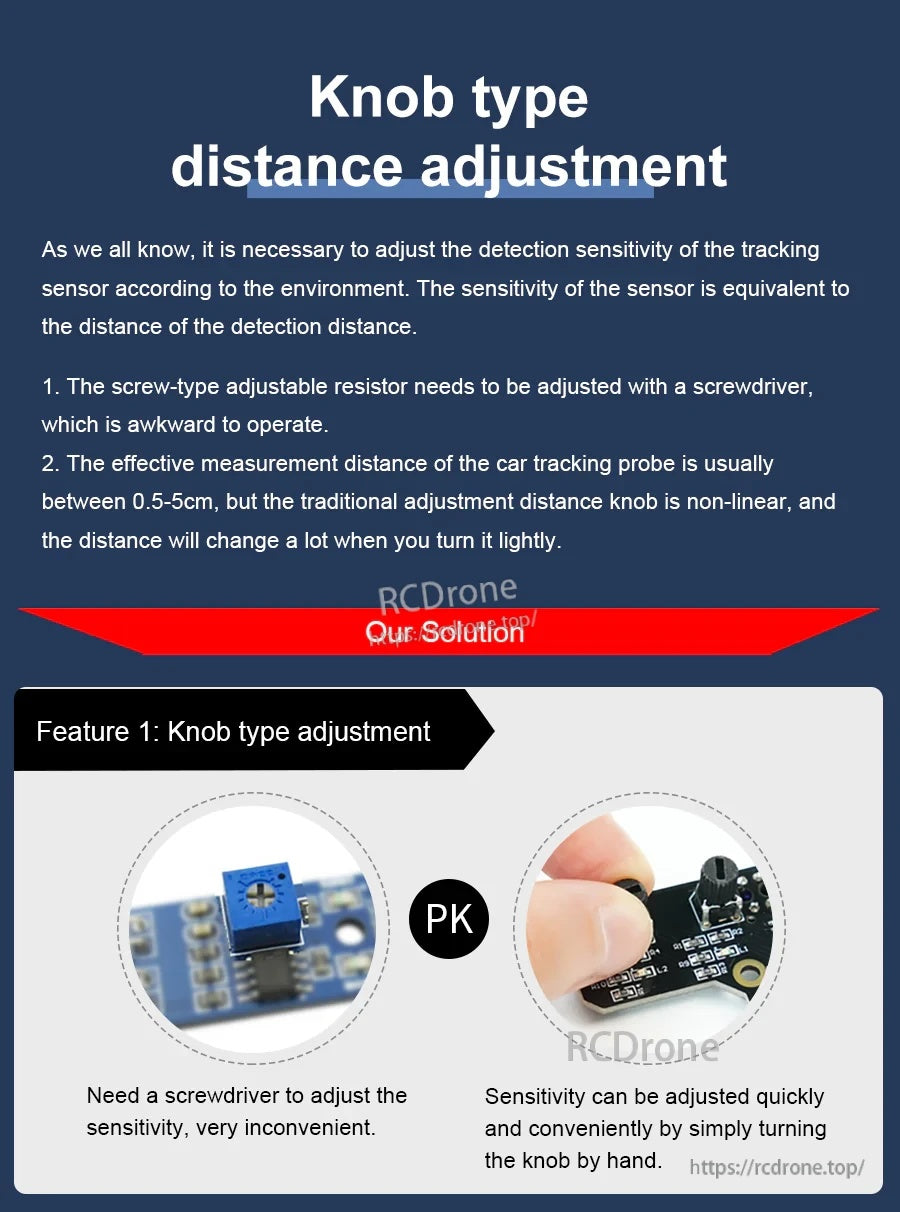 Knob-type distance/sensitivity adjustment explanation comparing screwdriver trimmer vs quick hand-tuned knob control