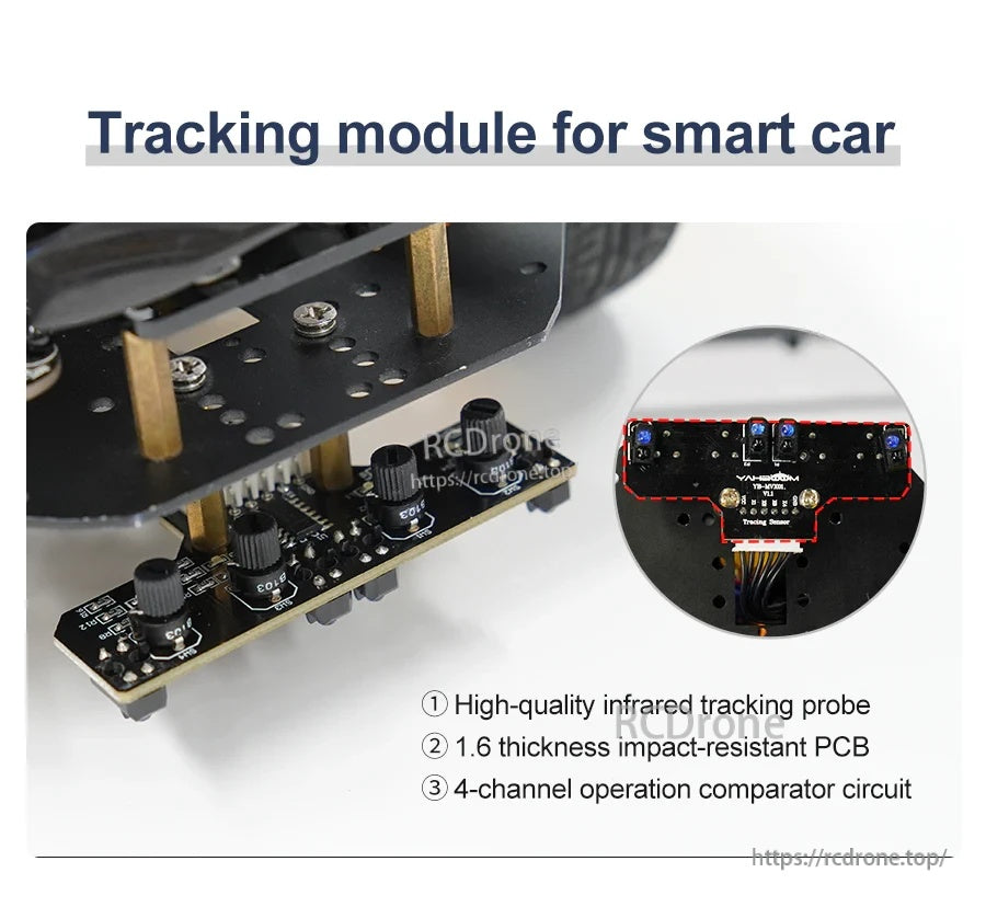 Underside installation view of tracking module mounted on smart car chassis with standoffs and onboard adjustment knobs