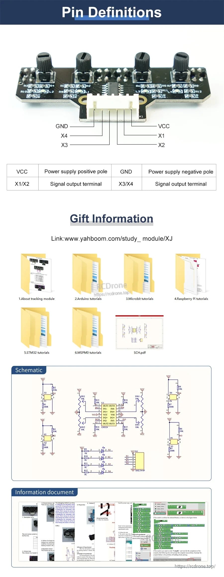 Yahboom YB-MVX01 V1.2 4-channel infrared tracking sensor board with 6-pin XH2.54 connector and pin definitions
