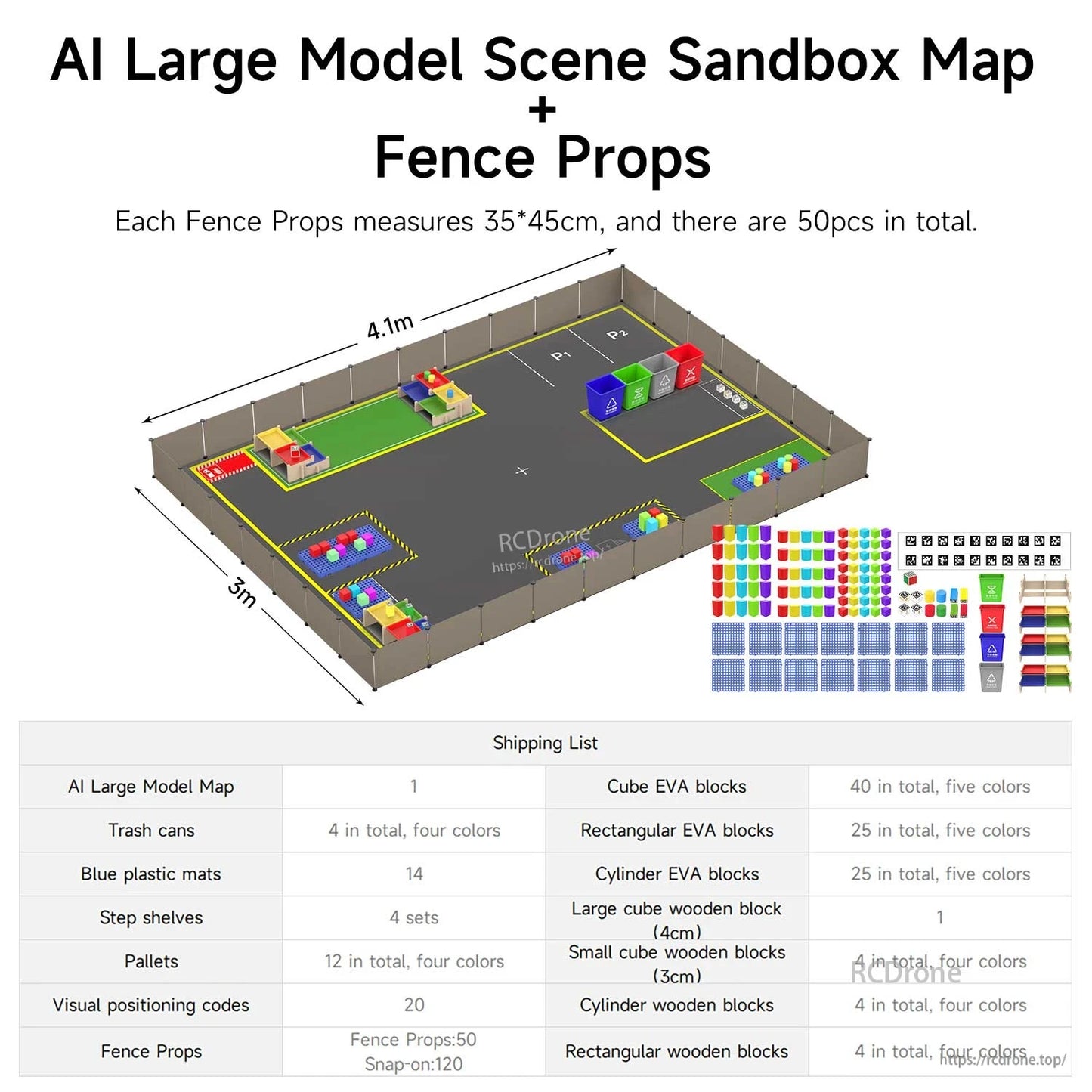 Scene sandbox map with fence props installed; dimensions shown and packing list including 50 fence panels