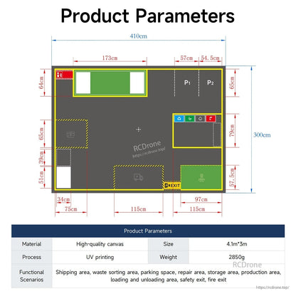 Product parameters diagram showing 410 cm x 300 cm map layout with measured zones and a spec table