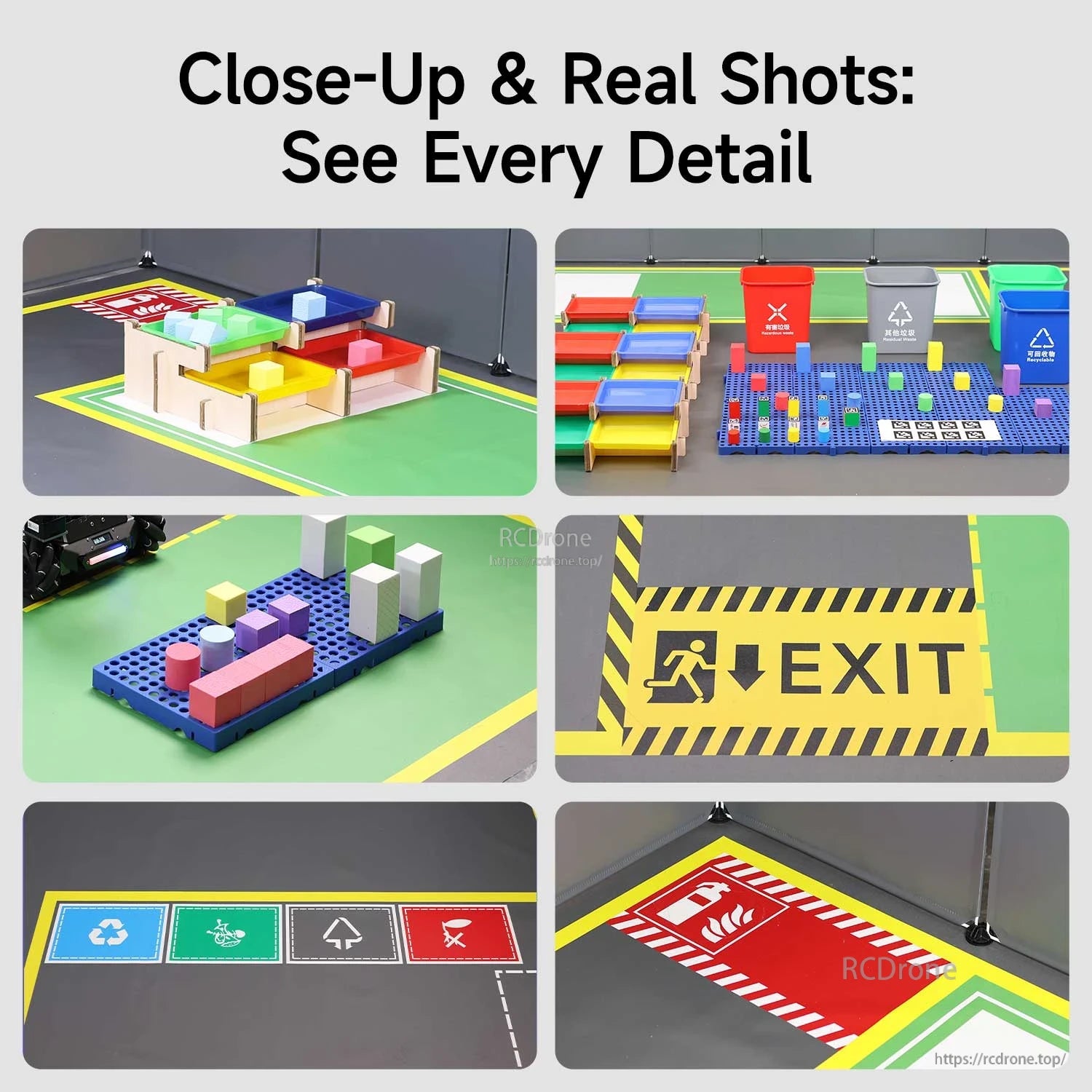 Close-up collage of AI scene sandbox map kit showing blocks, pallets, bin labels and EXIT/fire zone markings