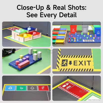Close-up collage of AI scene sandbox map kit showing blocks, pallets, bin labels and EXIT/fire zone markings