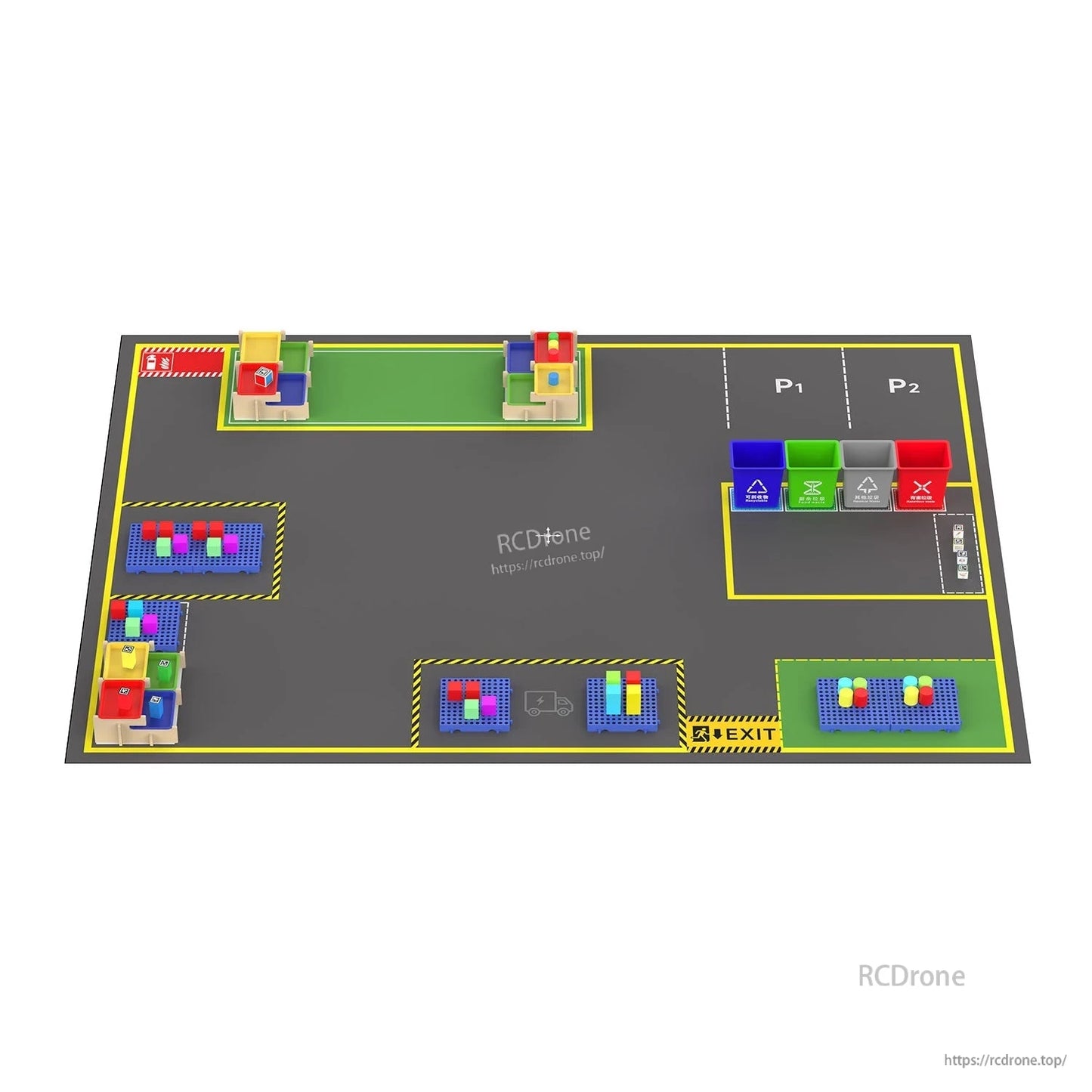 Angled full view of the sandbox map setup with colored blocks, pallets, parking bays P1/P2 and sorting area