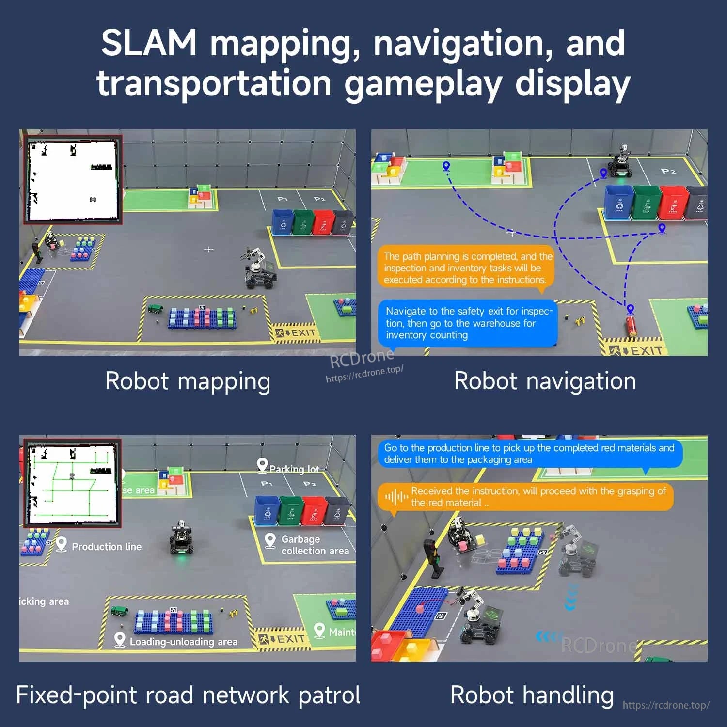 SLAM mapping and navigation gameplay display with route planning, robot handling, mapping and patrol screenshots