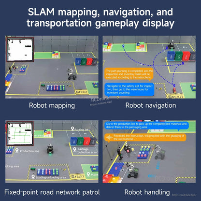 SLAM mapping and navigation gameplay display with route planning, robot handling, mapping and patrol screenshots