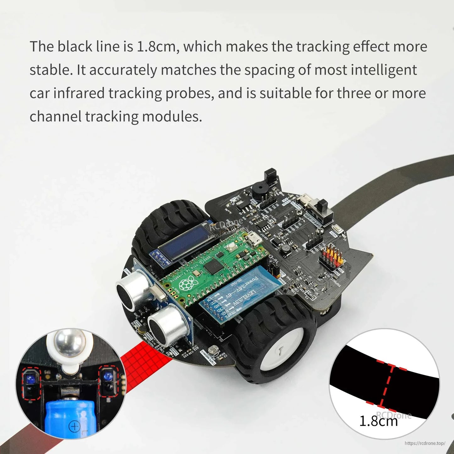 Robot car following 1.8cm black line on Yahboom tracking map, showing IR tracking sensor alignment