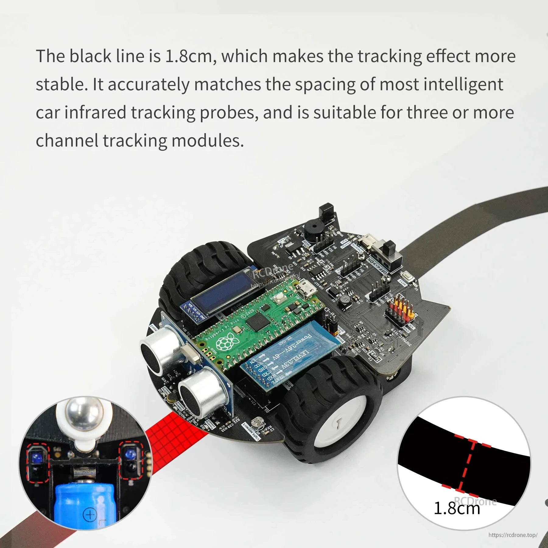 Robot car following 1.8cm black line on Yahboom tracking map, showing IR tracking sensor alignment