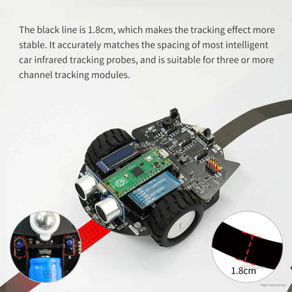 Robot car following 1.8cm black line on Yahboom tracking map, showing IR tracking sensor alignment