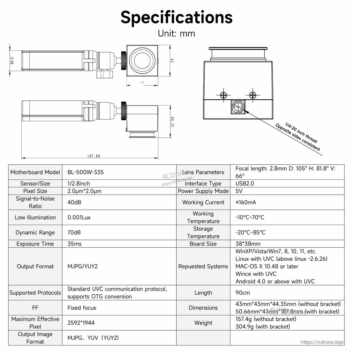 Specifications table and dimension drawing for USB industrial camera (model BL-500W-335)