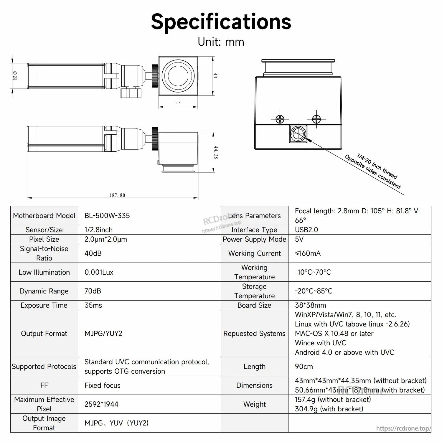 Specifications table and dimension drawing for USB industrial camera (model BL-500W-335)