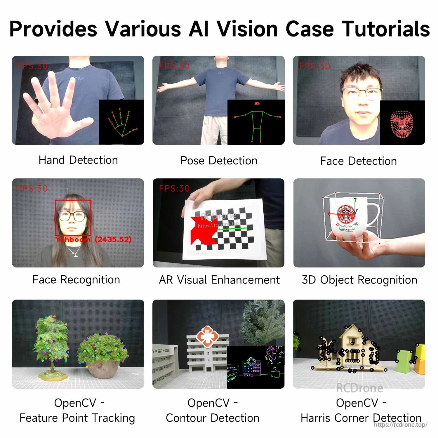 AI vision tutorial examples: hand detection, pose detection, face detection, OpenCV demos
