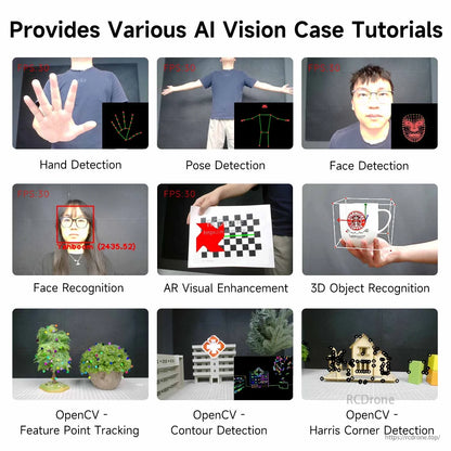 AI vision tutorial examples: hand detection, pose detection, face detection, OpenCV demos