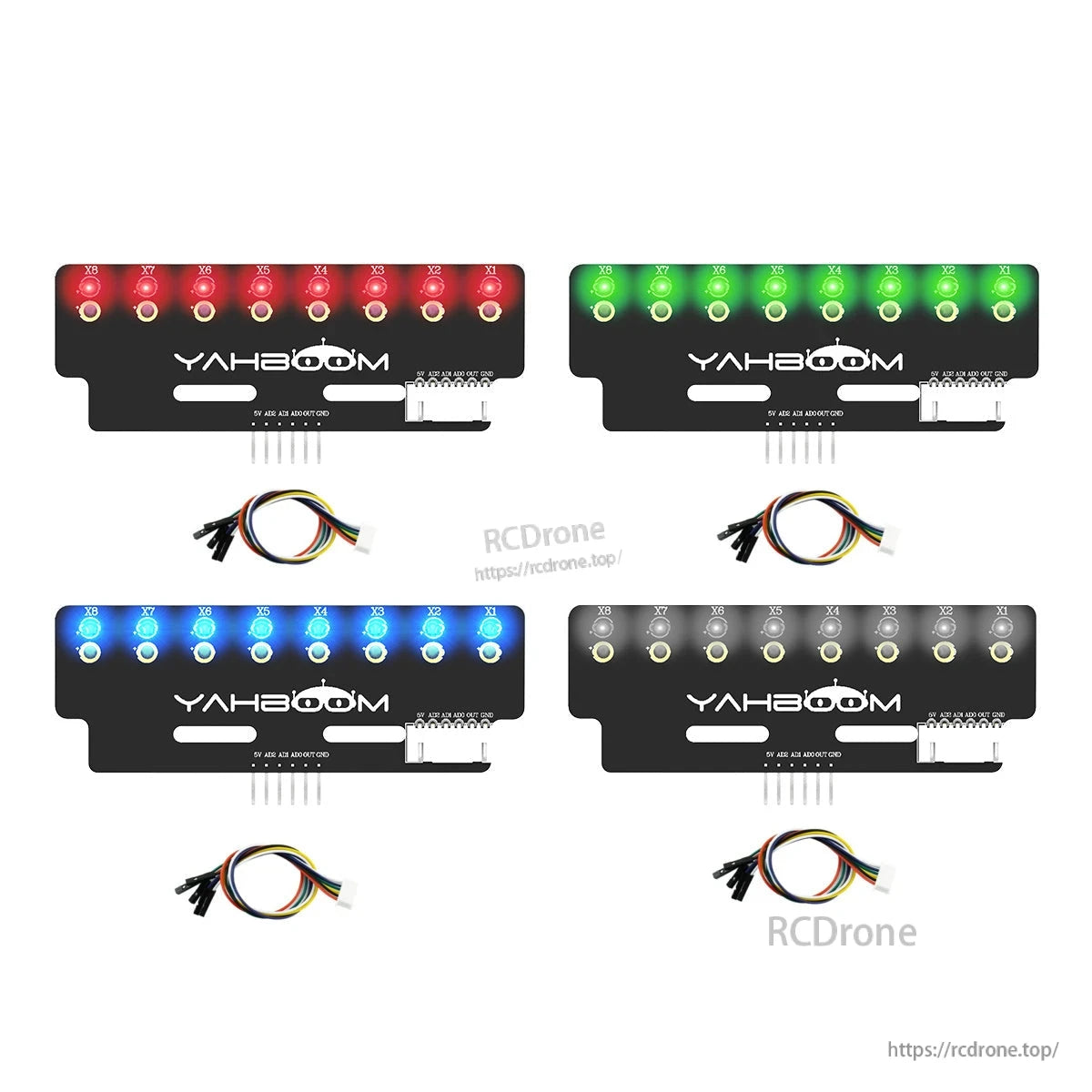 Line tracking module light versions overview showing red, green, blue, and white LED options with cables