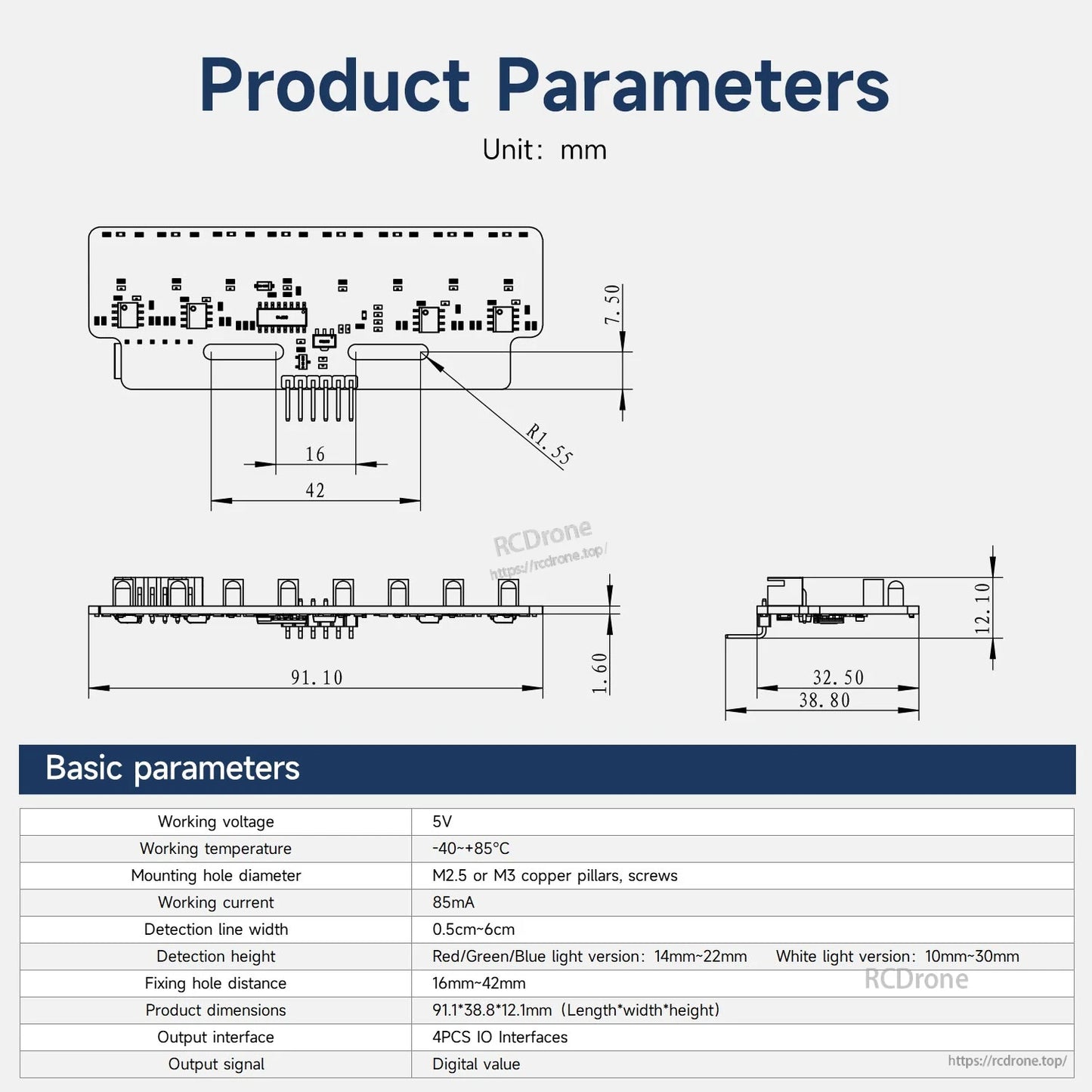 Product parameters diagram with dimension drawing and basic specs table (unit: mm)