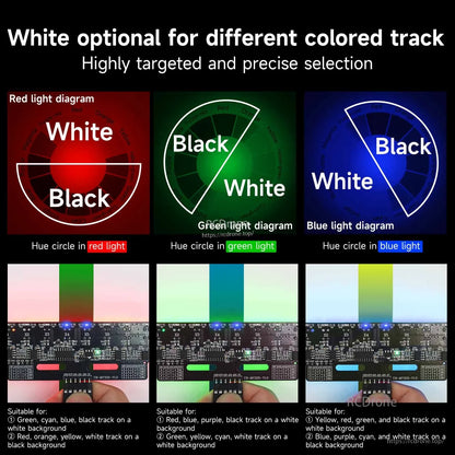 Colored track selection graphic showing red, green, blue, and white light versions for black/white tracks