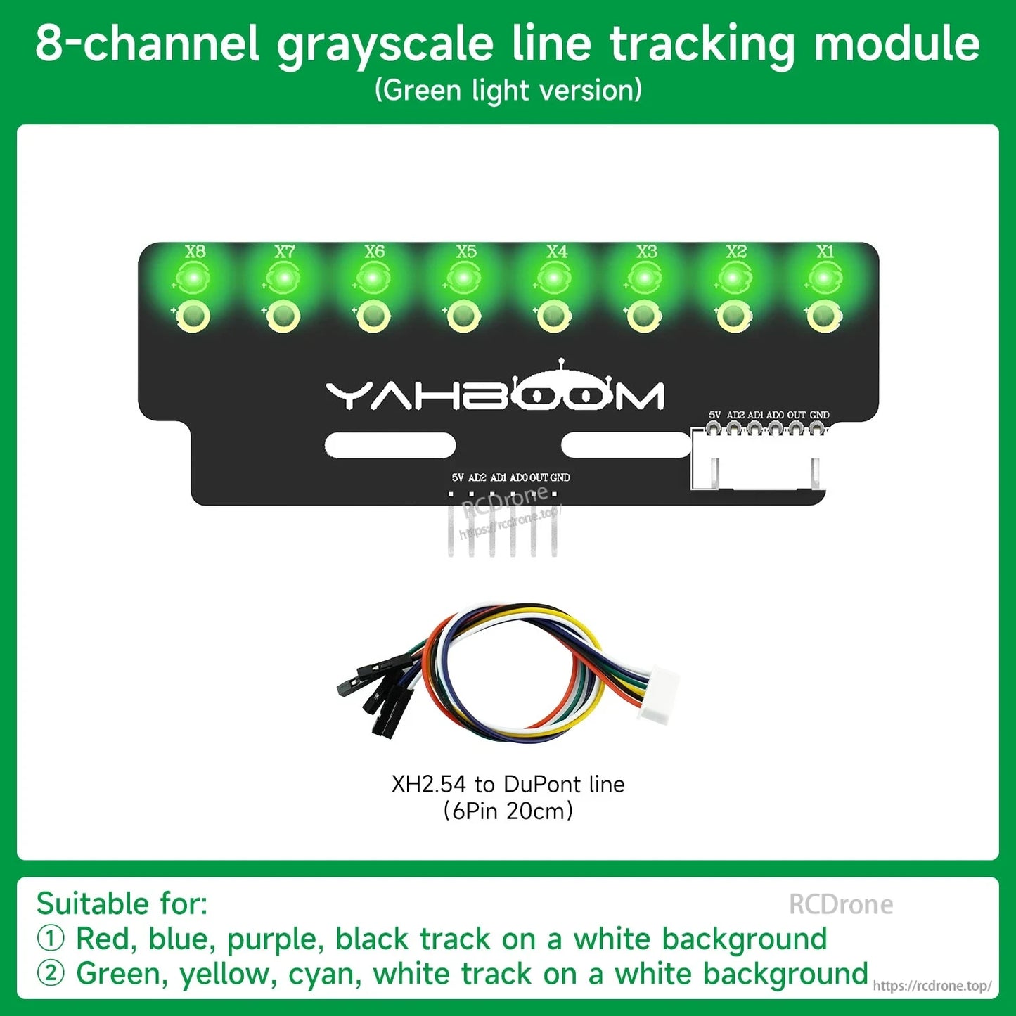 8-channel grayscale line tracking module green light version with XH2.54 to DuPont cable included