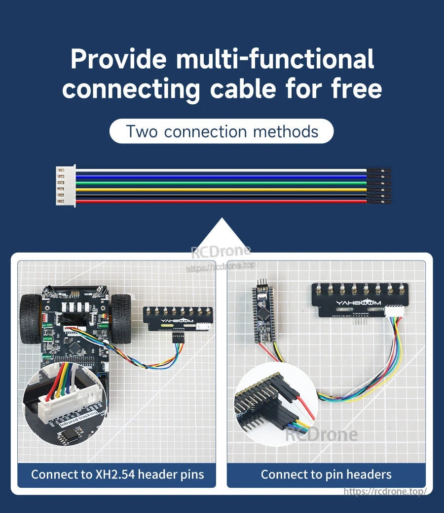 Included multi-color ribbon cable graphic showing two connection methods to XH2.54 and pin headers