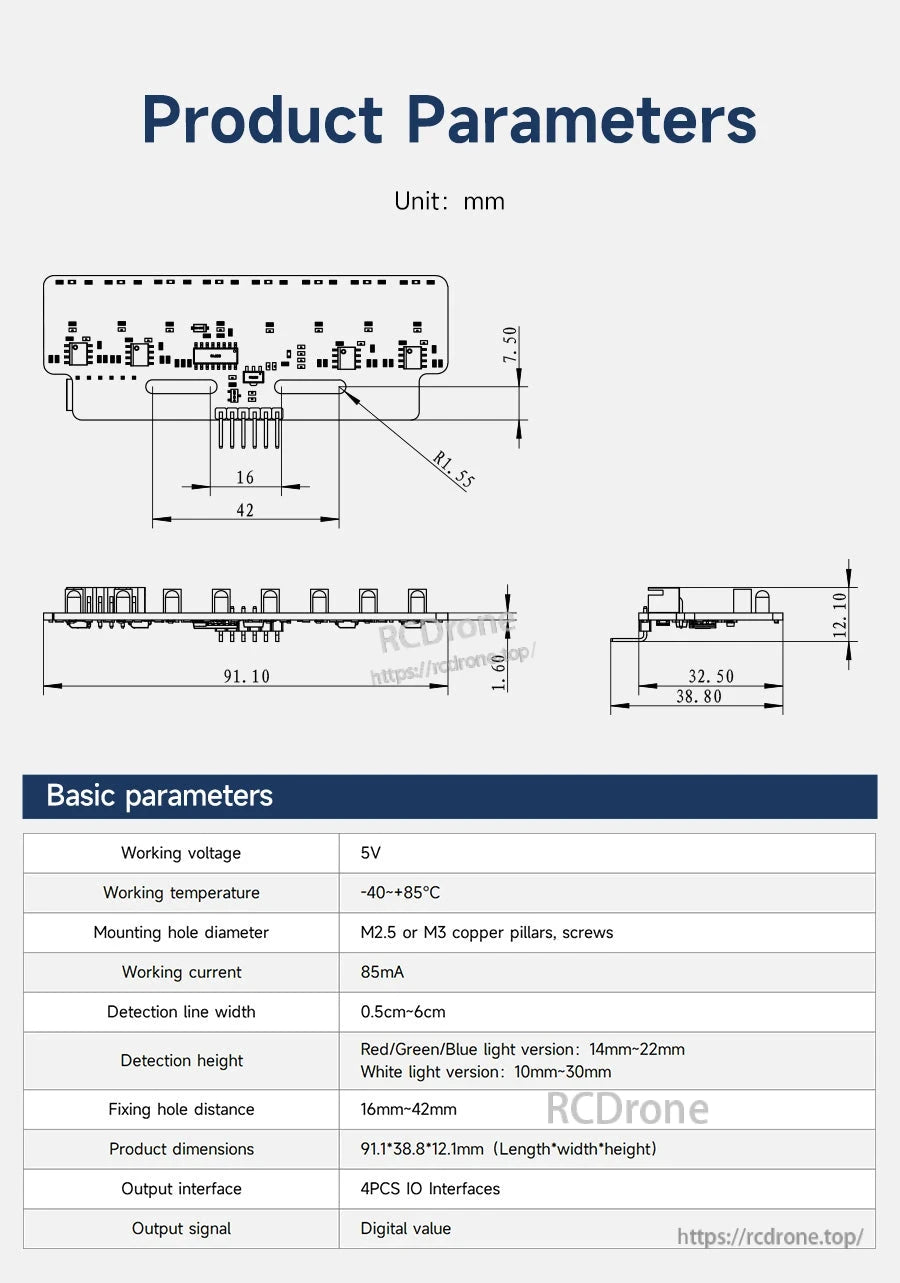 Product parameters drawing with dimensions and table listing voltage, line width range, and detection height