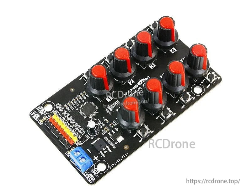 Angled view of 8-channel PWM servo control board with rotary knobs, power terminal, and 3-pin ports