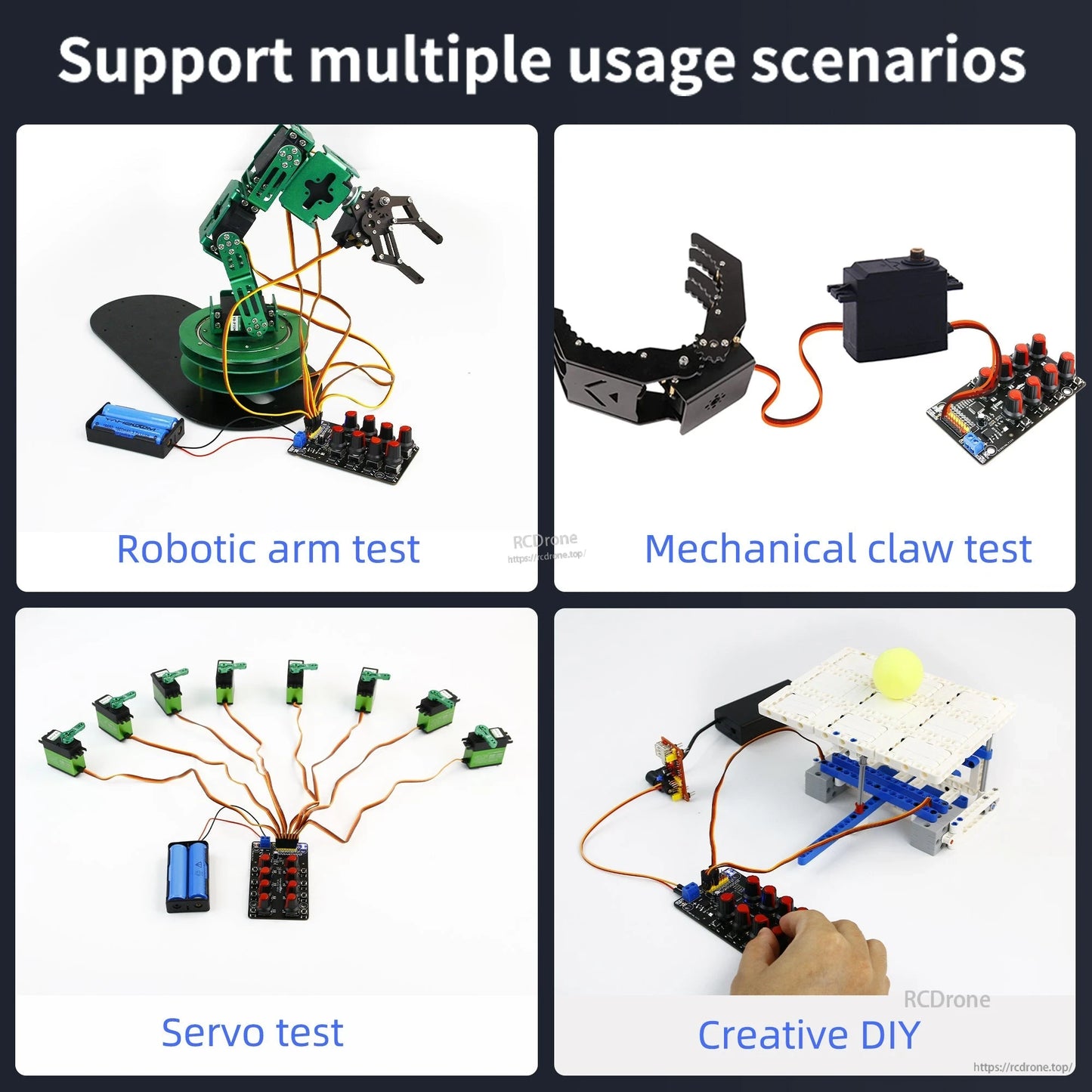 PWM servo controller application examples: robotic arm, mechanical claw, multi-servo test, DIY demo