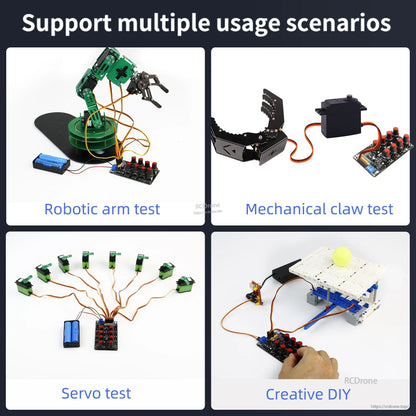 PWM servo controller application examples: robotic arm, mechanical claw, multi-servo test, DIY demo