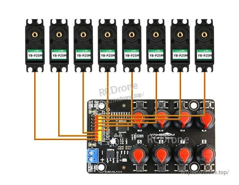 8 servo connection diagram showing PWM board wired to multiple micro servos via 3-pin header