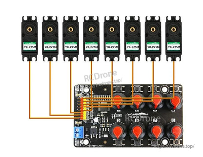8 servo connection diagram showing PWM board wired to multiple micro servos via 3-pin header