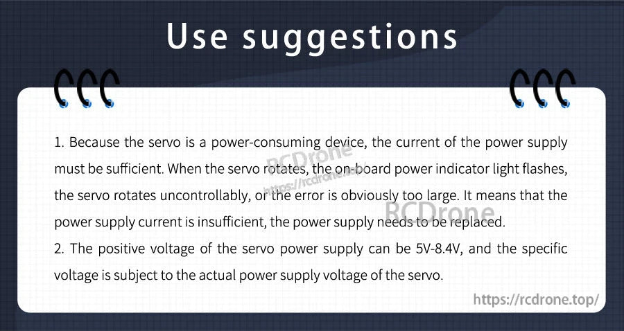 Use suggestions card advising adequate power supply current and appropriate 5–8.4V servo voltage selection