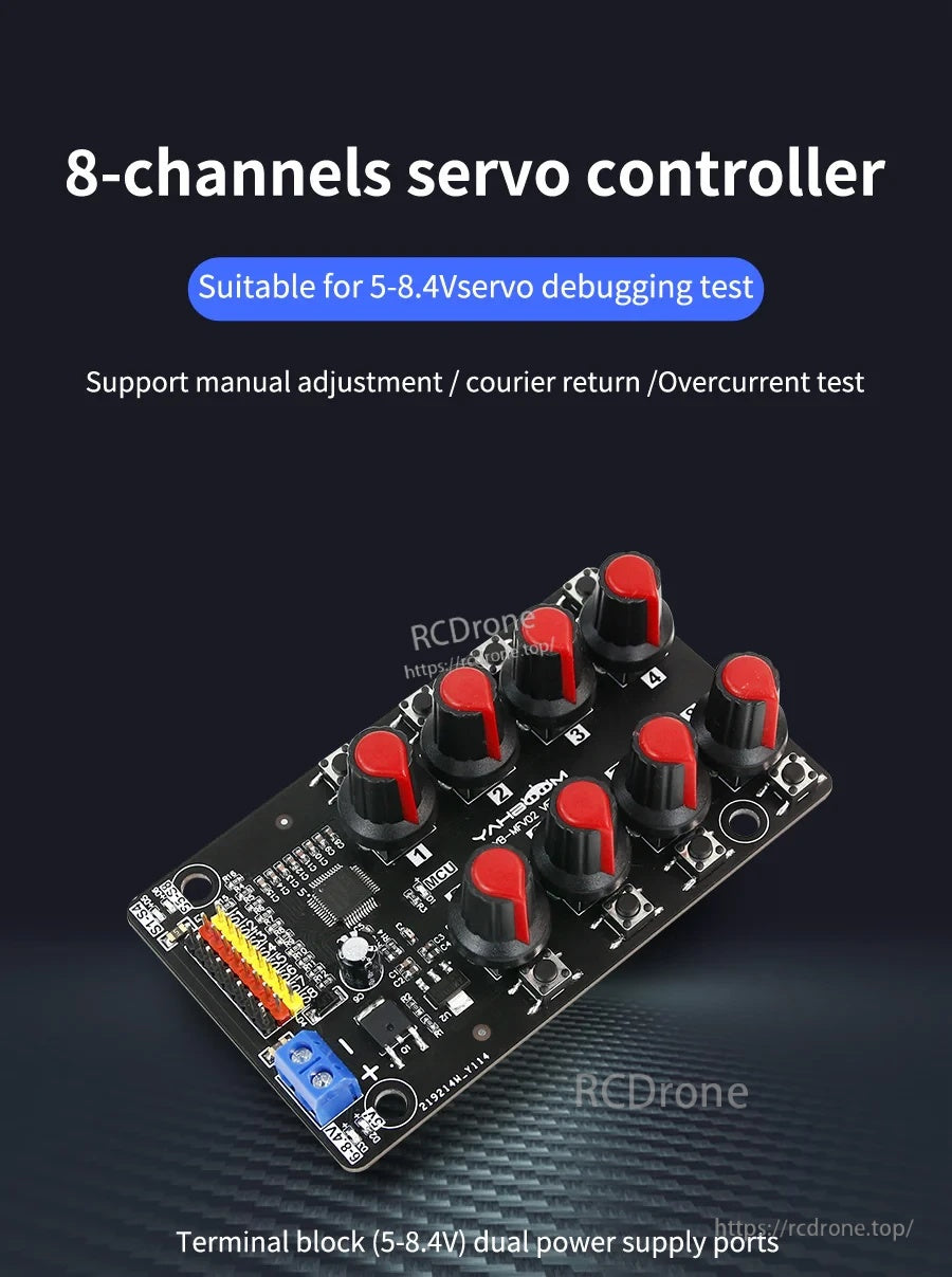 Yahboom 8-Channel PWM servo controller board with 8 knobs and dual 5–8.4V terminal block power input