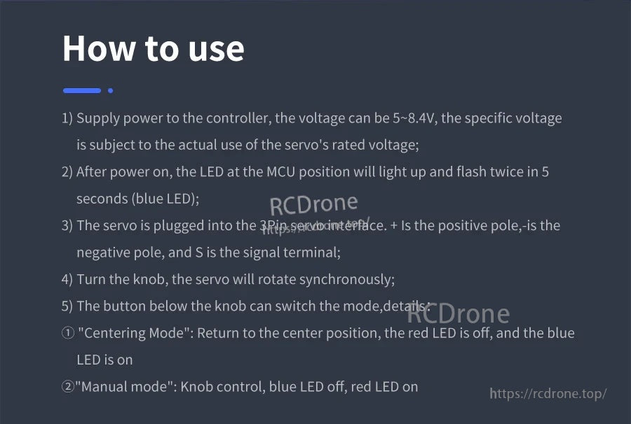 How-to-use instructions graphic for wiring servo polarity and using mode buttons and indicators