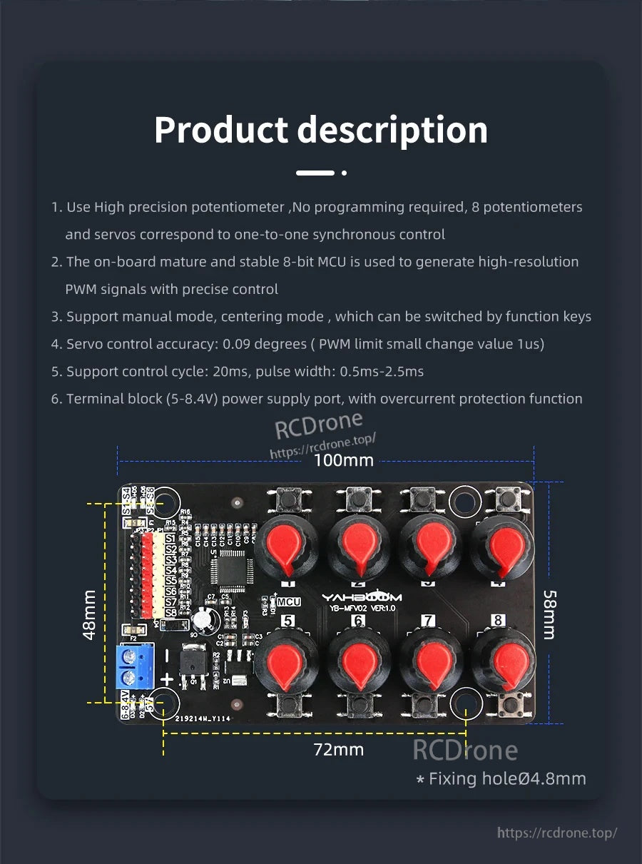 Product overview card showing board size 100×58 mm, 8 potentiometers, and listed PWM control features