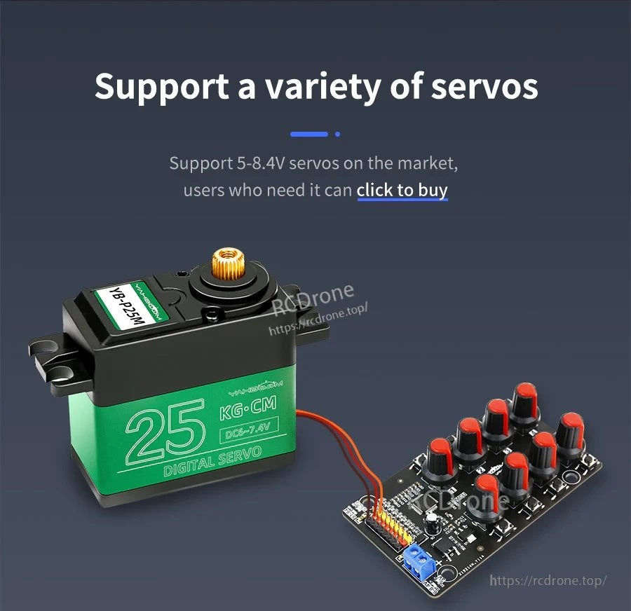 Single servo connected to the 8-channel knob controller, highlighting compatibility with common 5–8.4V servos