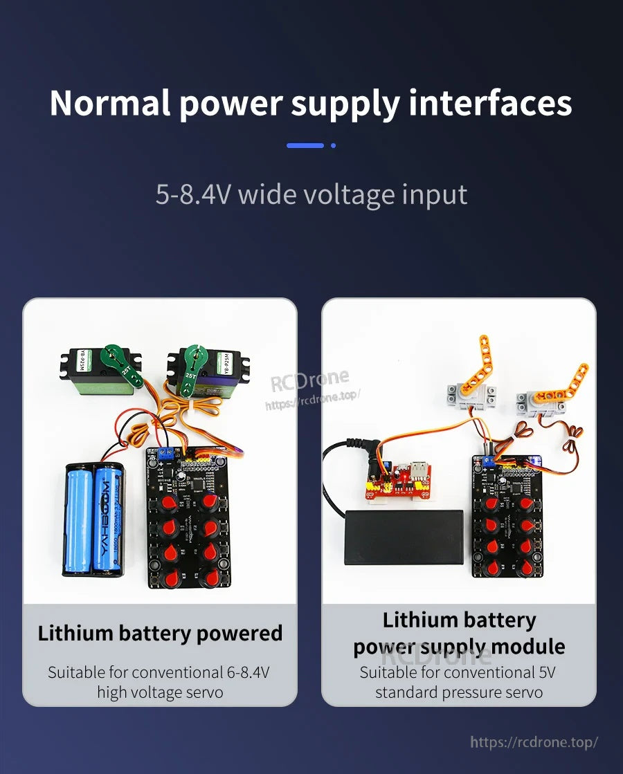 Power options for the controller: lithium battery pack connection and lithium battery power supply module examples