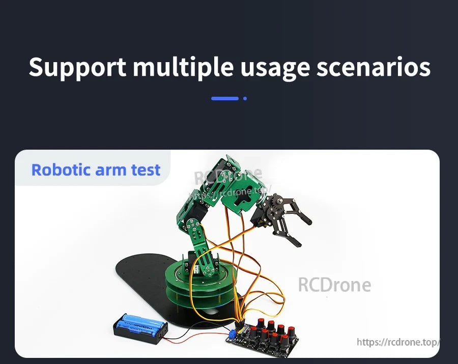 Robotic arm test setup powered by battery and controlled by the servo debugging board with knob adjustments