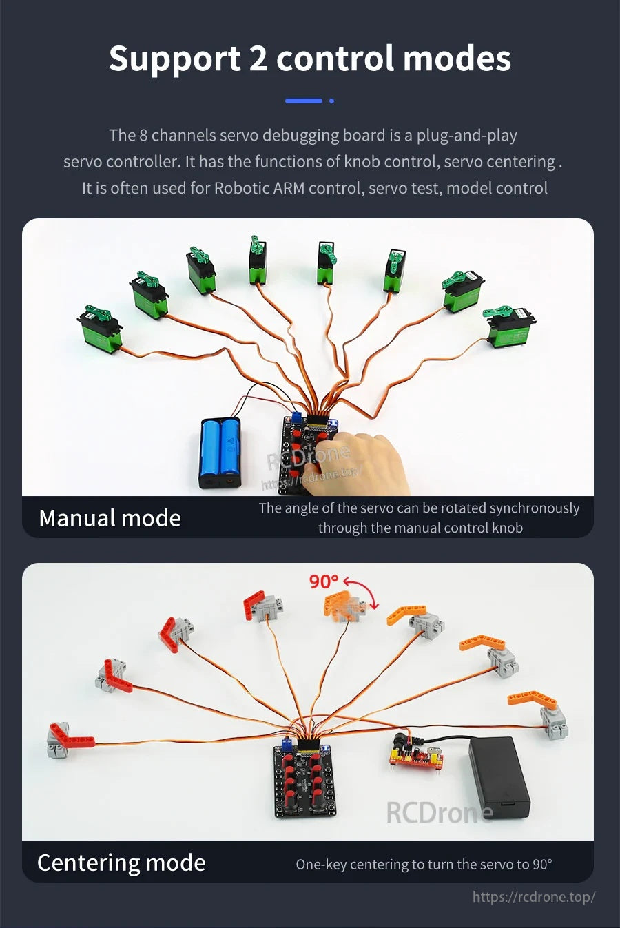 Yahboom 8-Channel PWM board driving multiple servos in manual mode and one-key centering mode to 90 degrees
