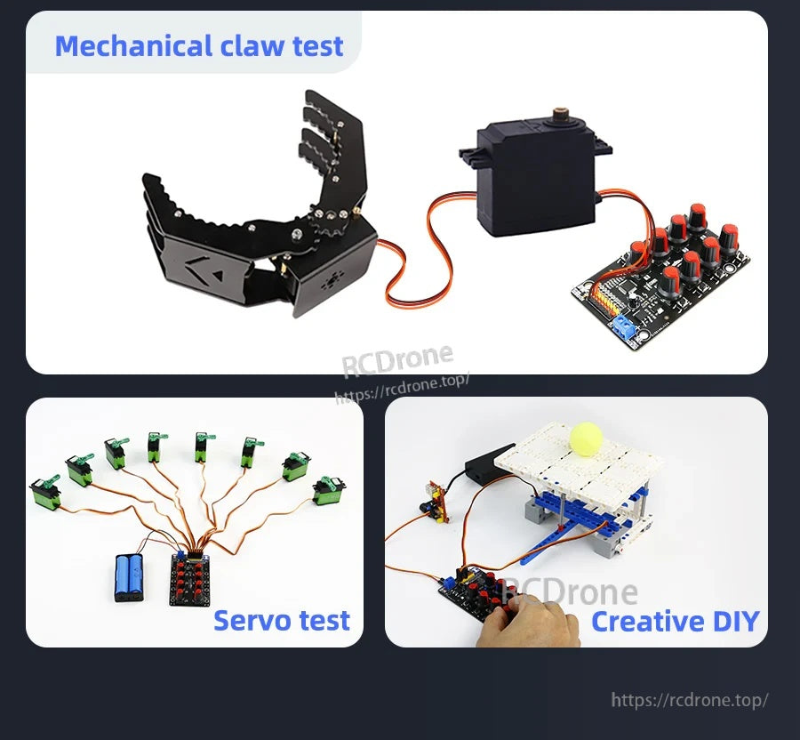 Example applications: mechanical claw test, multi-servo test rig, and creative DIY control using the knob board