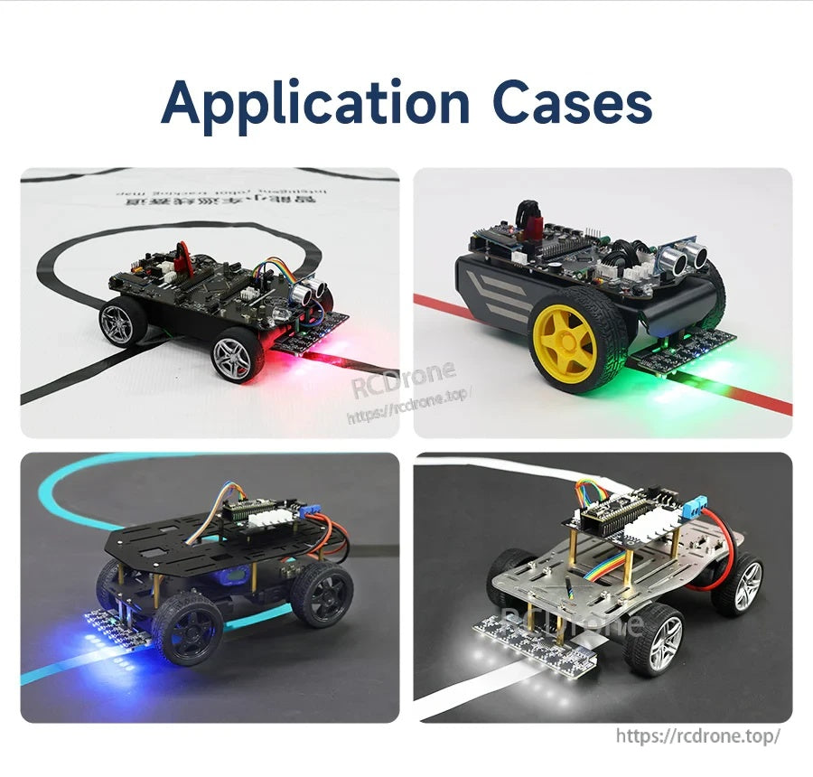 Line-following robot car examples using a grayscale line tracking sensor module with front LED illumination