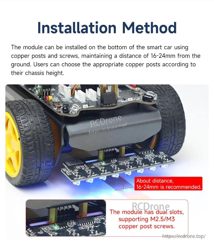 Installation method photo of sensor mounted under smart car with recommended 16–24mm ground distance