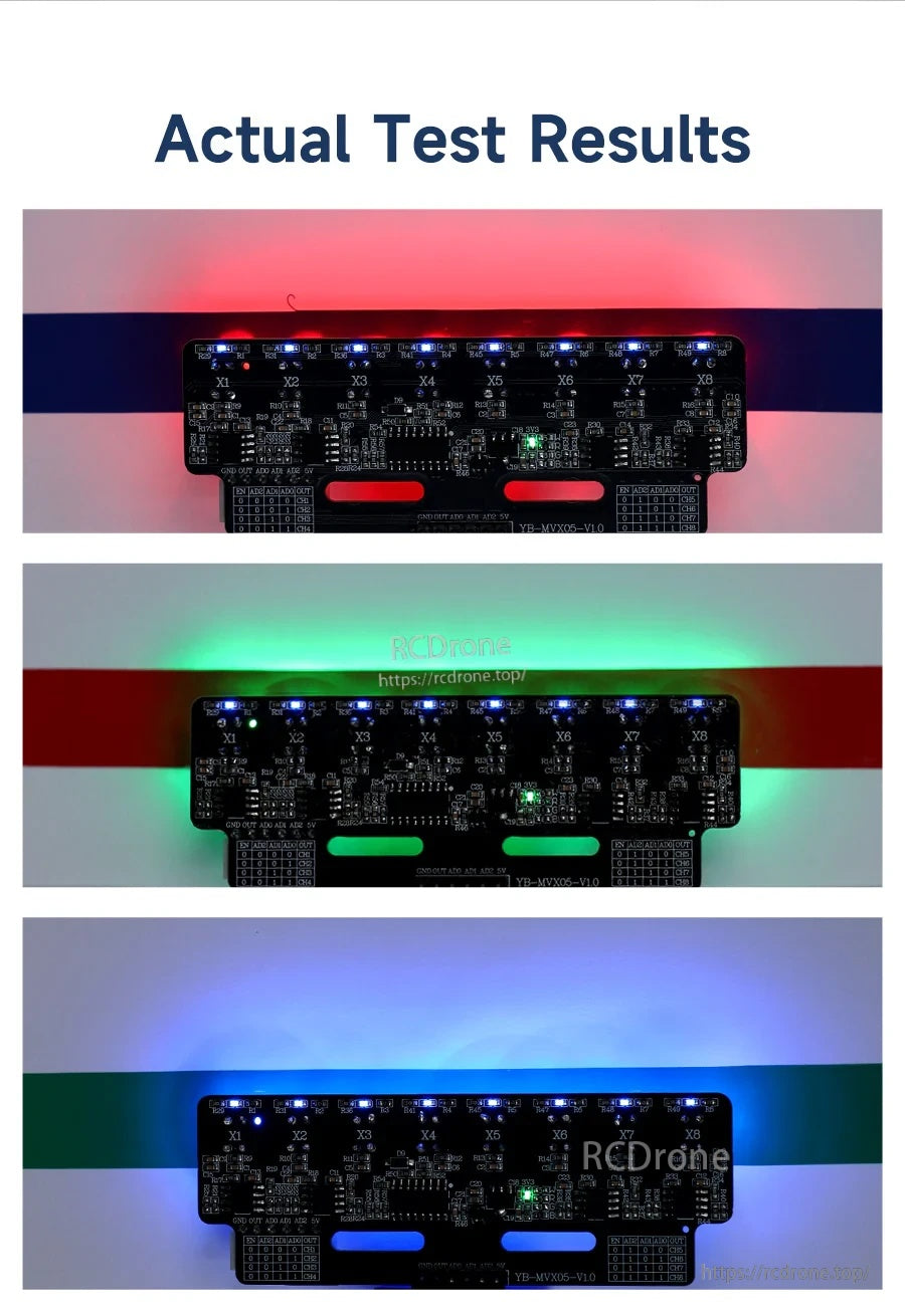 Actual test results of the 8-channel sensor under red, green, and blue lighting across colored lines