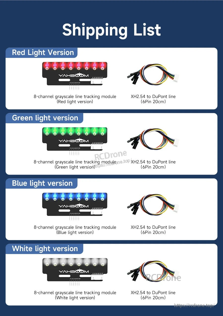 Shipping list for Yahboom 8-channel grayscale line tracking sensor module with XH2.54 to 6-pin Dupont cable, LED color options