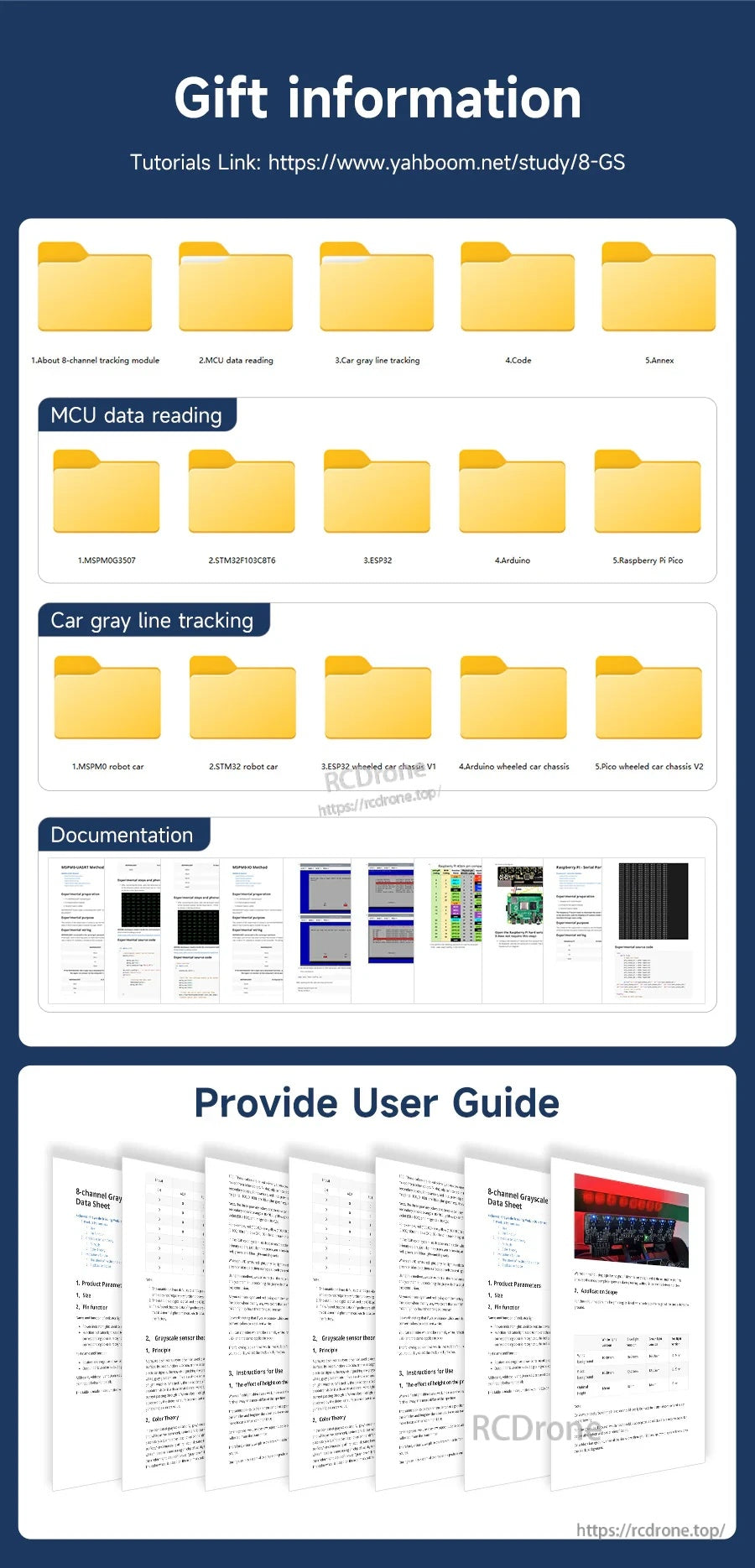 Screenshot of Yahboom 8-channel grayscale line tracking sensor resources with tutorial folders and user guide PDFs