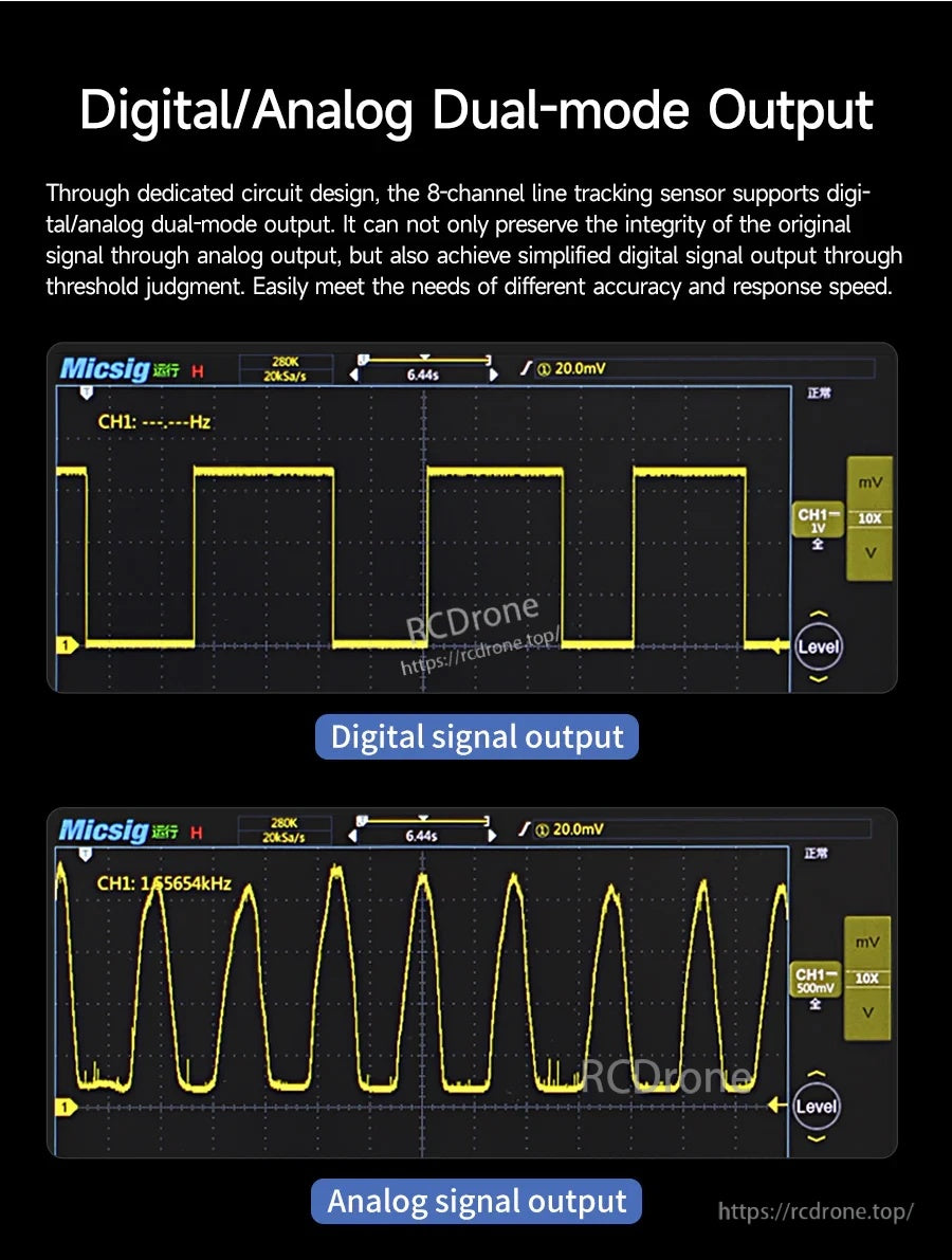Oscilloscope screenshots showing digital signal output and analog signal output for the tracking module