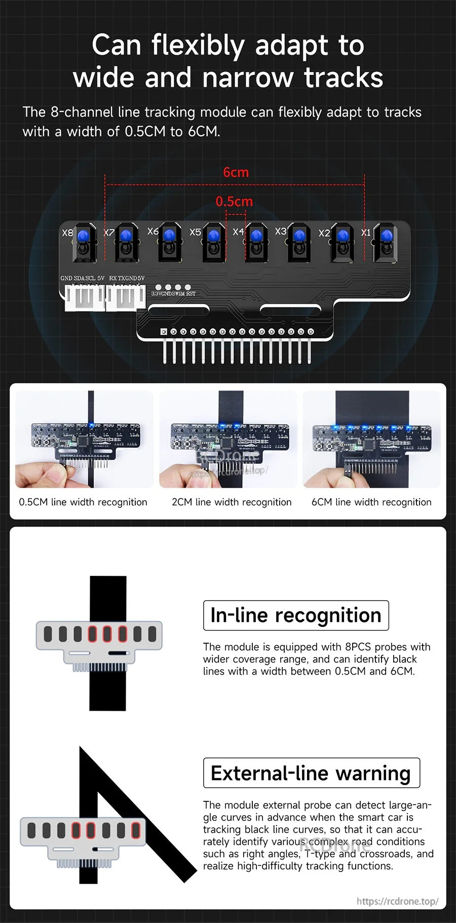 Line width adaptability graphic showing recognition range from 0.5 cm to 6 cm and in-line/external-line modes